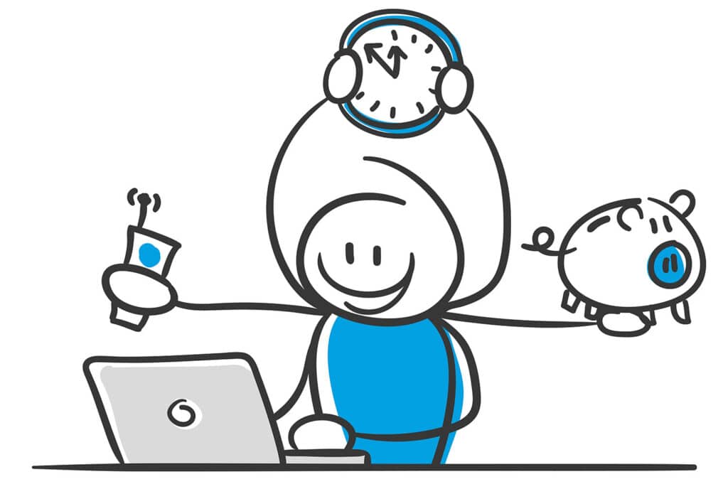 illustration of stick figure multi tasking on computer