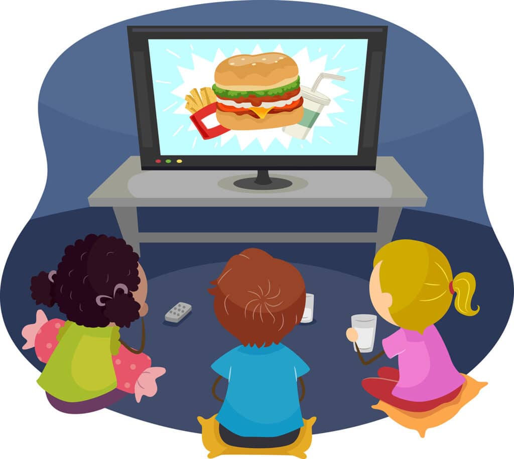 illustration of three kids watching a fast food ad on tv