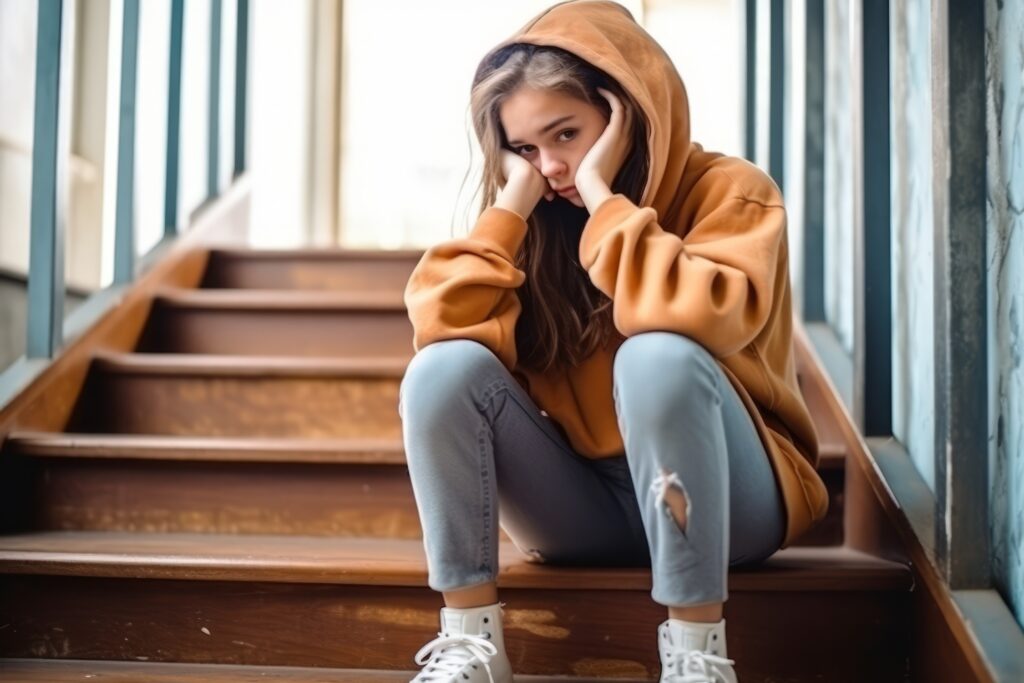 sad teen girl sitting on stairs