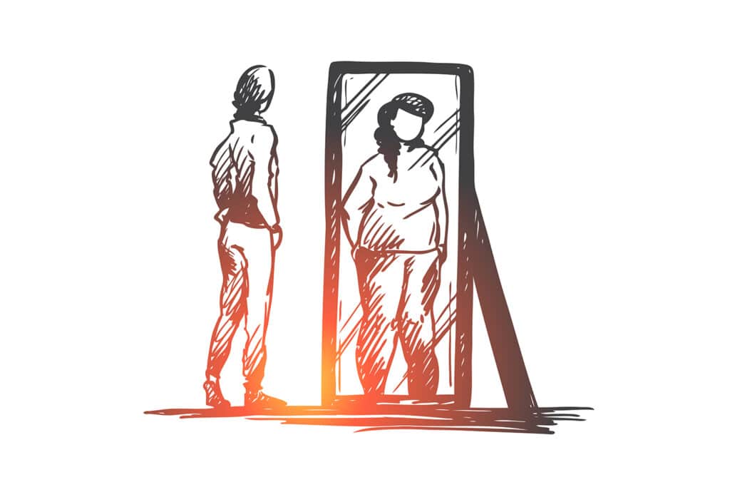 Girl, mirror, body, distorted, weight concept. Hand-drawn unhappy teenage girl looks at mirror with distorted body image concept sketch