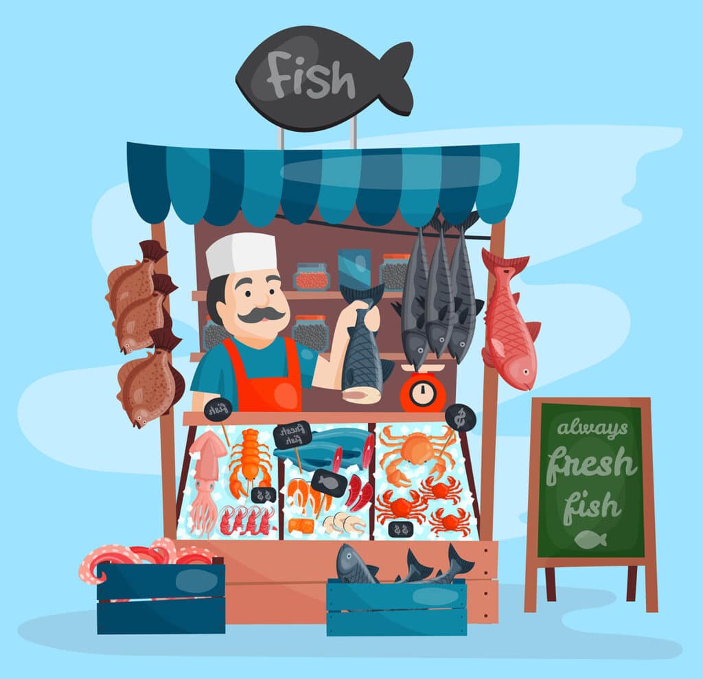 cartoon fish stand with man standing holding fish