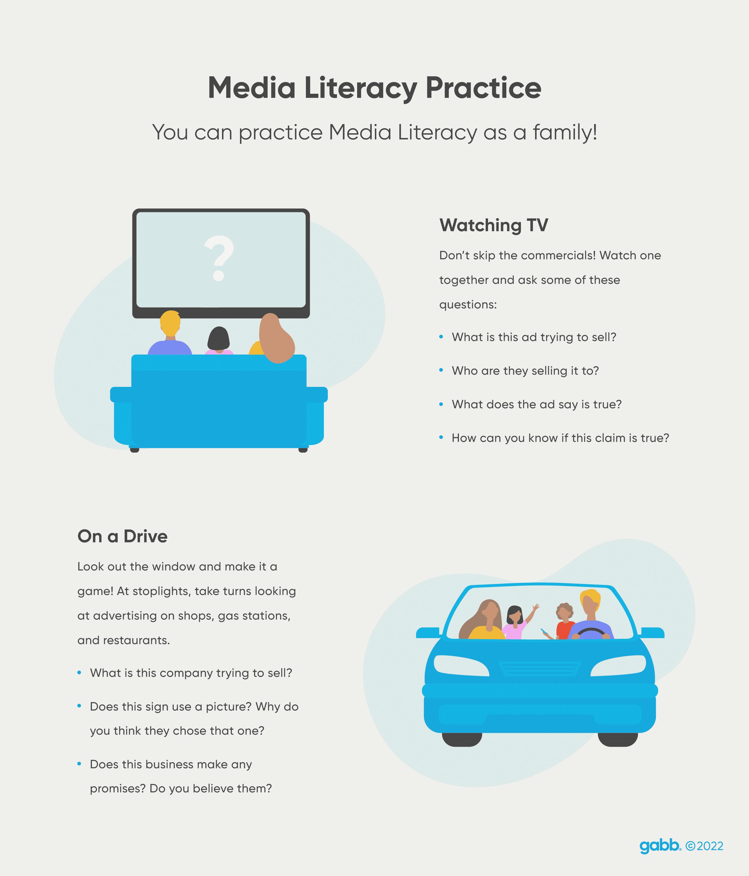 practice media literacy as a family on a drive or watching TV