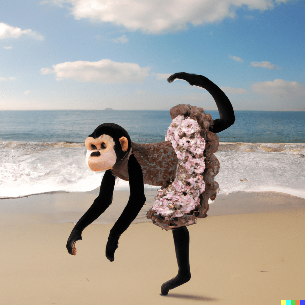 AI picture of a ballerina monkey at the beach