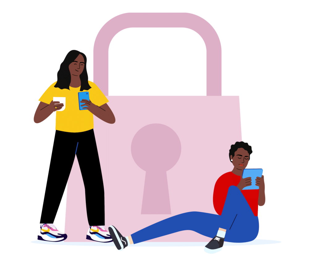 mother and daughter looking at smart devices with a lock